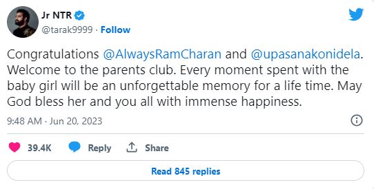 Jr NTR congratulates RRR co-star Ram Charan on becoming father