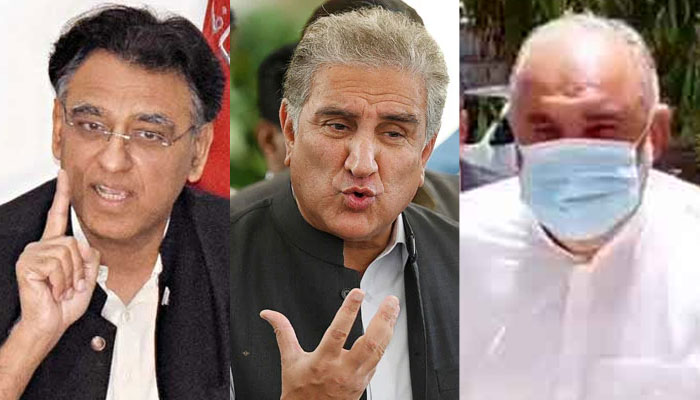 (From left to right)Pakistan Tehreek-e-Insaf leaders Asad Umar, Shah Mahmood Qureshi and Asad Qaiser. — PPI/AFP/YouTube/Geo News Live/File