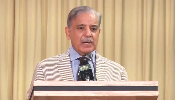 Prime Minister Shehbaz Sharif speaking at high-level meeting in Islamabad on June 20. — AFP/File