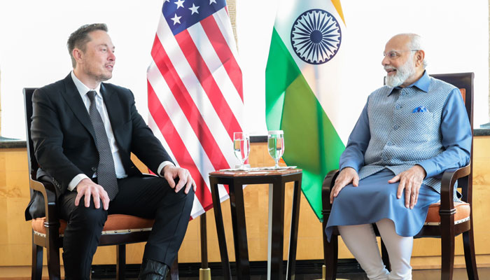 Tech billionaire and CEO Tesla Elon Musk while meeting with the Indian Prime Minister Narendra Modi in the US on June 20, 2023. — Twitter/NarendraModi