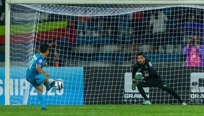 Sunil Chhetri scores from the penalty spot against Pakistan. — AIFF