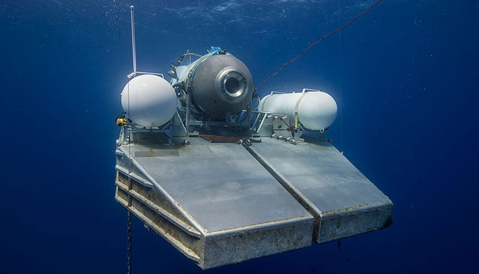 OceanGate-owned submersible Titan was pictured while waiting for a signal to initiate its dive. — OceanGate/File