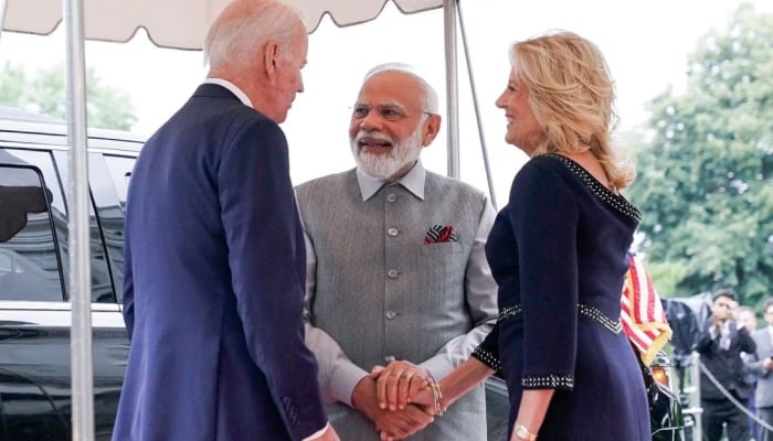 US President Joe Biden and first lady Jill Biden welcome Prime Minister Narendra Modi to the White House in Washington, US, June 21, 2023. — Reuters