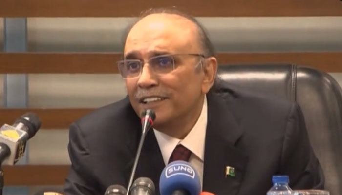 Pakistan Peoples Party Co-chairman Asif Ali Zardari addresses a press conference on June 23, 2023. — PTV/screengrab