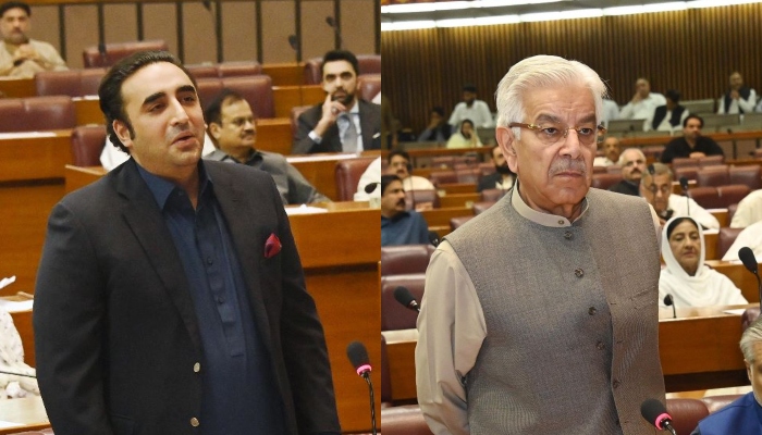 Foreign Minister Bilawal Bhutto-Zardar and Defence Minister Khawaja Asif addressing the National Assembly. — National Assembly