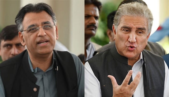 Pakistan Tehreek-e-Insaf leaders Asad Umar and Shah Mahmood Qureshi. — AFP/Files