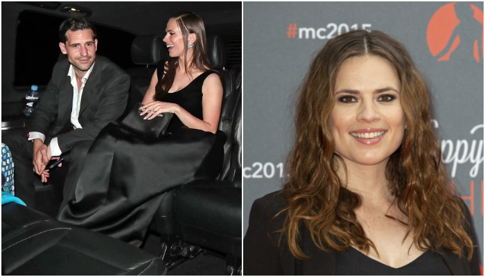 Hayley Atwell attended the after party of Mission: Impossible 7 premiere in a stunning black gown with her huge engagement ring at display