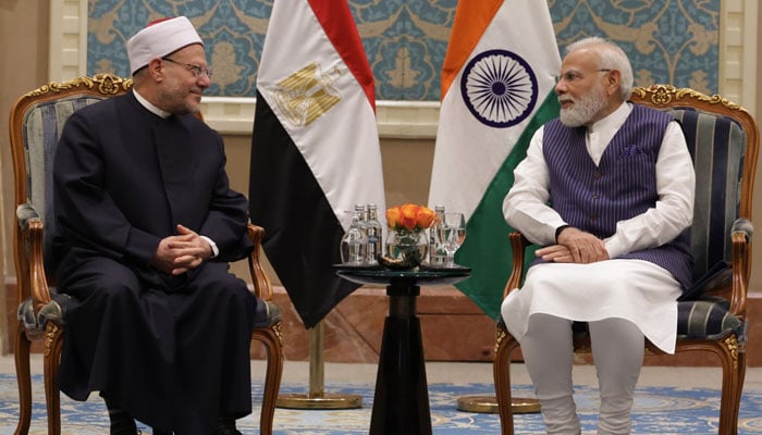 PM@narendra Modi with Grand Mufti of Egypt.—Twitter@PMOIndia