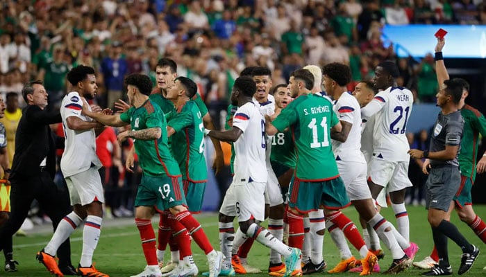 A referee shows a red card during the second half of a CONCACAF Nations League semifinal soccer match at Allegiant Stadium, Thursday, June 15, 2023, in Las Vegas. (Chitose Suzuki/Las Vegas Review-Journal) @chitosephoto