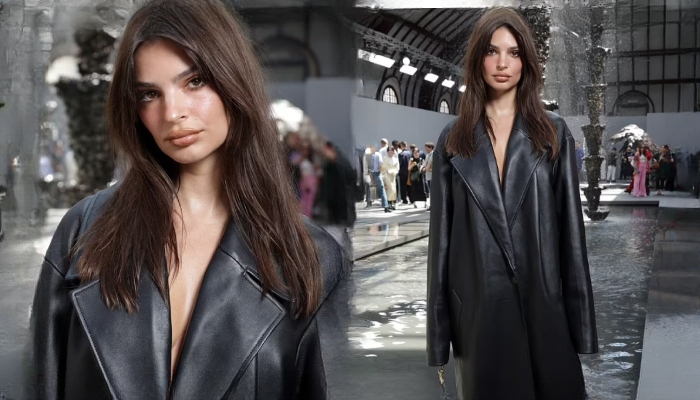 Emily Ratajkowski stuns in leather trench coat at Loewe Menswear SS24 show
