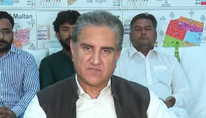 PTI Vice Chairman Shah Mehmood Qureshi addresses a press conference in Multan, on June 25, 2023, in this still taken from a video. — YouTube/GeoNews