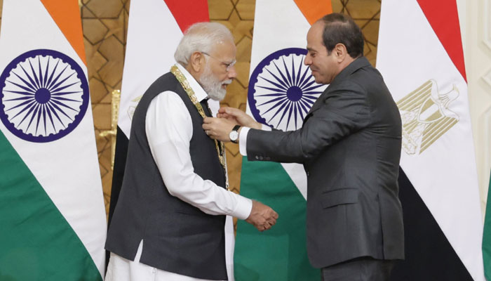 Egyptian President Abdel Fattah El-Sisi conferred the country’s highest state honour on Indian PM Modi on June 25, Sunday. — Twitter/@narendramodi