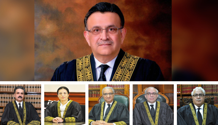 CJP Umar Ata Bandial (top) and (left to right) Justice Yahya Afridi, Justice Ayesha Malik, Justice Ijazul Ahsan, Justice Munib Akhtar, and Justice Mazahar Ali Naqvi. — Supreme Court website