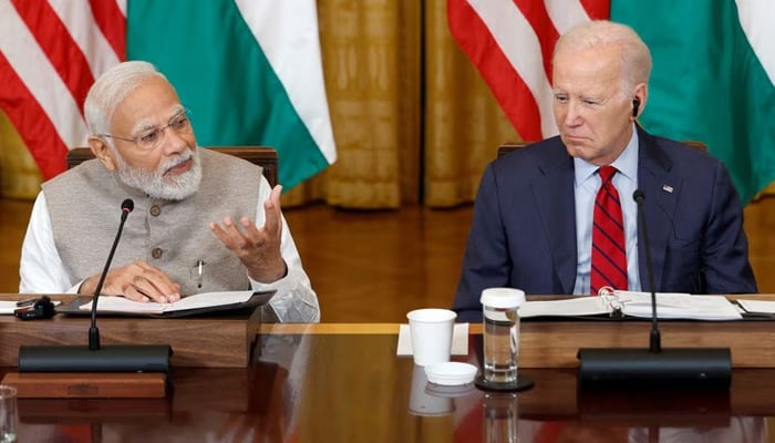 President Joe Biden (right) and Prime Minister Narendra Modi meet senior officials and CEOs of American and Indian companies in the East Room of the White House in Washington, US, June 23, 2023. — Reuters