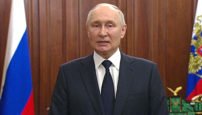Russian President Vladimir Putin gives a televised address in Moscow, Russia, June 26, 2023, in this still image taken from video. Kremlin.ru