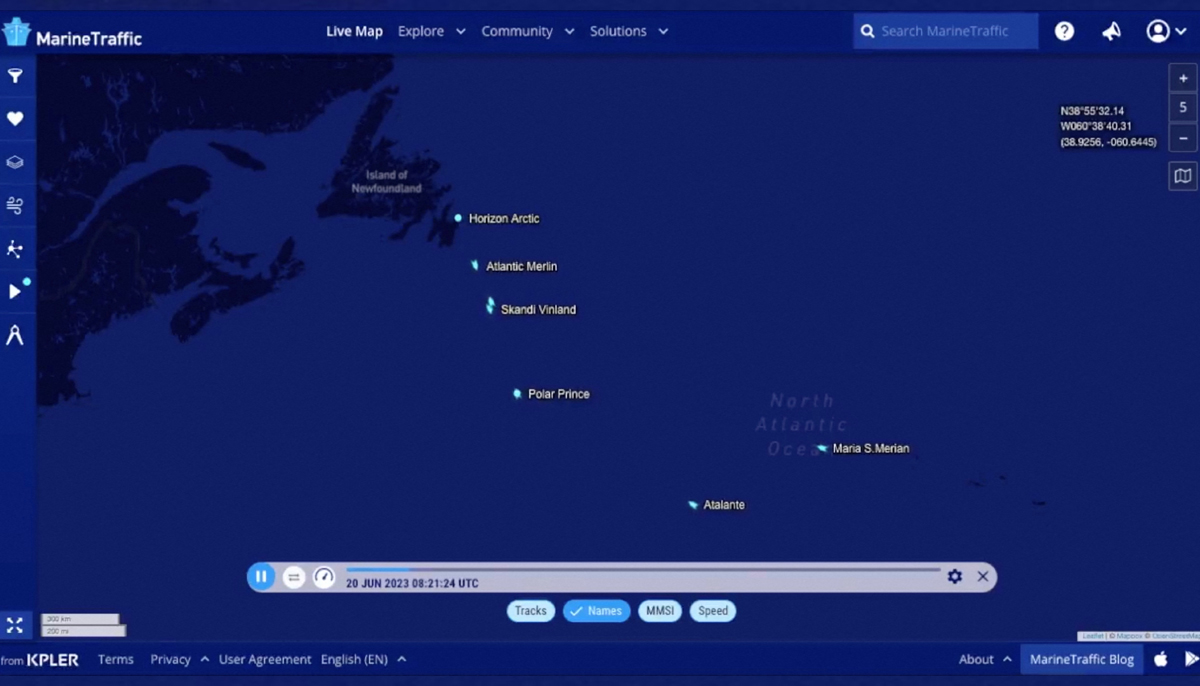 A tracker shows ships in North Atlantic searching for a submersible vessel missing on a trip to explore the wreckage of the Titanic, in this screen grab obtained from a social media video posted June 20, 2023. — Reuters via Marine Traffic