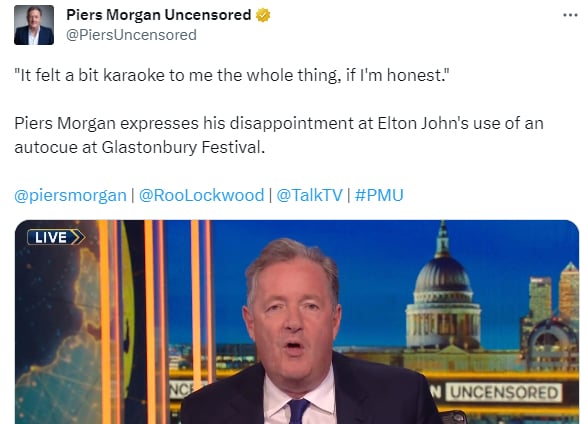 Elton John fans hit out at Piers Morgan over his scathing Glastonbury comments