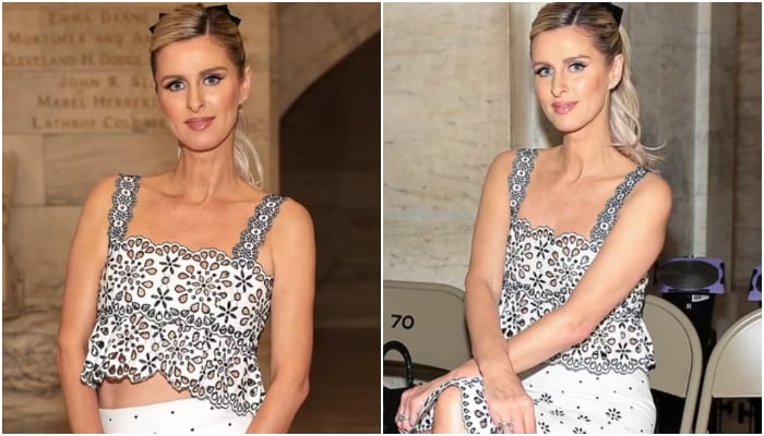 Nicky Hilton cuts a stunning figure in matching white crop top and skirt at Marc Jacobs Fall 2023 show in NYC