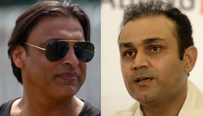 Pakistan’s legendary former pacer Shoaib Akhtar (left) and India’s ex-batter Virender Sehwag. — AFP/File