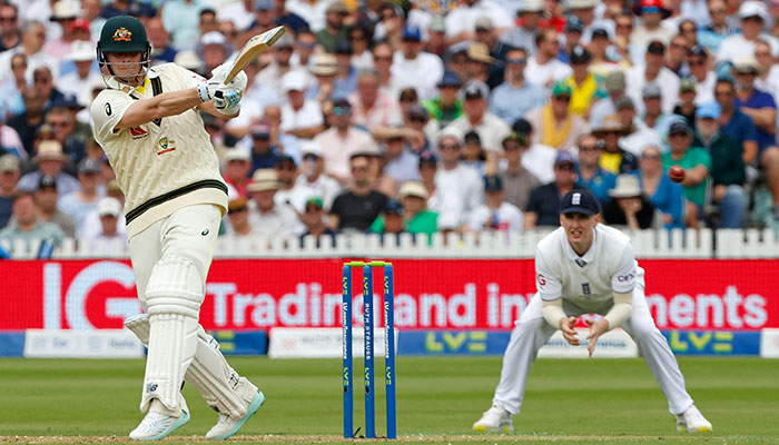 Australia´s Steven Smith plays a shot on day one of the second Ashes cricket Test match between England and Australia at Lord´s cricket ground in London, on June 28, 2023.—AFP