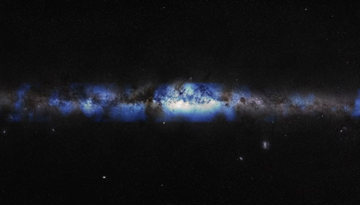 An artist’s composition of the Milky Way is seen through a neutrino lens (blue) in this picture released on June 29, 2023. — The IceCube Neutrino Observatory/NSF