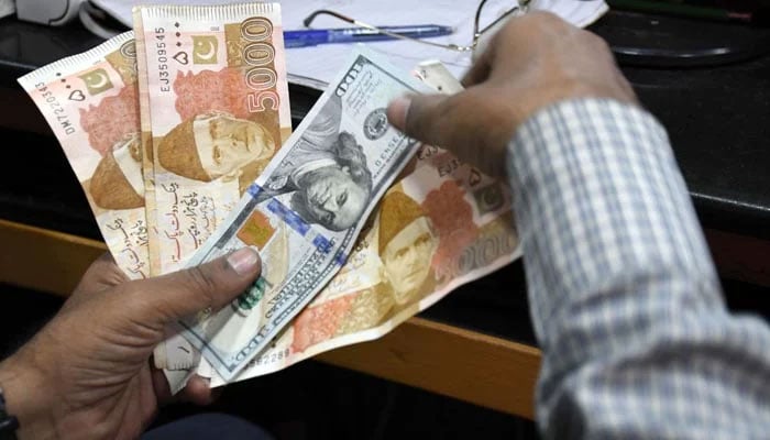 A currency dealer can be seen counting Rs5,000 and $100 notes in this undated image. — Online/File