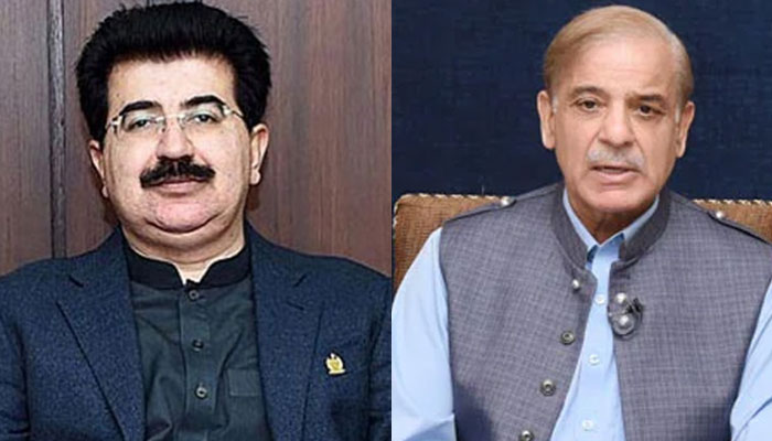 Acting president Sadiq Sanjrani (left) and Prime Minster Shehbaz Sharif. — Radio Pakistan/Screengrab via Twitter/@abubakarumer/File