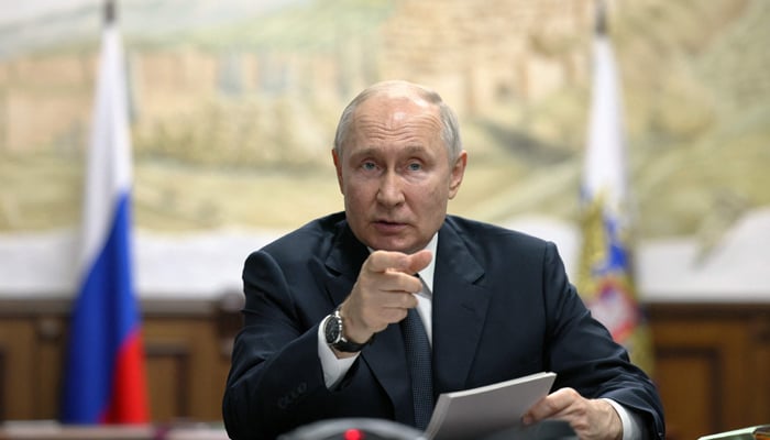 Russian President Vladimir Putin chairs a meeting on tourism development via a videoconference call during his working trip to Russias Republic of Dagestan on June 28, 2023. — AFP