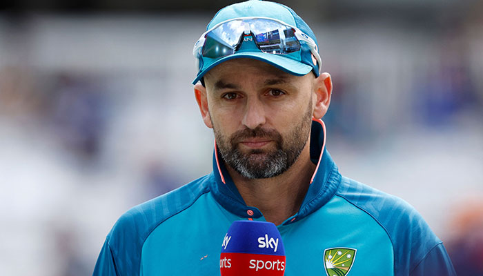 Australia´s Nathan Lyon gives an interview ahead of play on day five of the second Ashes cricket Test match between England and Australia at Lord´s cricket ground in London on July 2, 2023.—AFP