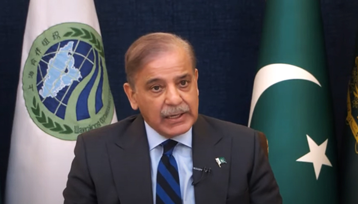 PM Shehbaz Sharif virtually addressing the 23rd meeting of Shanghai Cooperation Organisation (SCO) Council of Heads of State on July 4, 2023. — YouTube/PTV screengrab