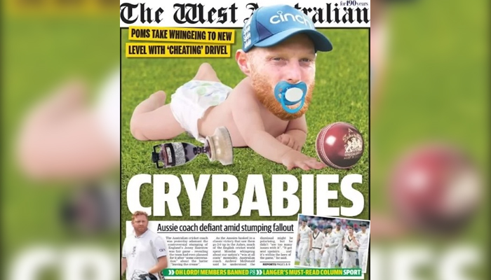 The West Australian newspaper frontpage showing Ben Stokes as a cry baby. — Twitter/@benstokes38