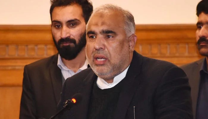 Former National Assembly speaker and PTI leader Asad Qaiser speaking at a ceremony. — Twitter/@Asad QaiserPTI/File