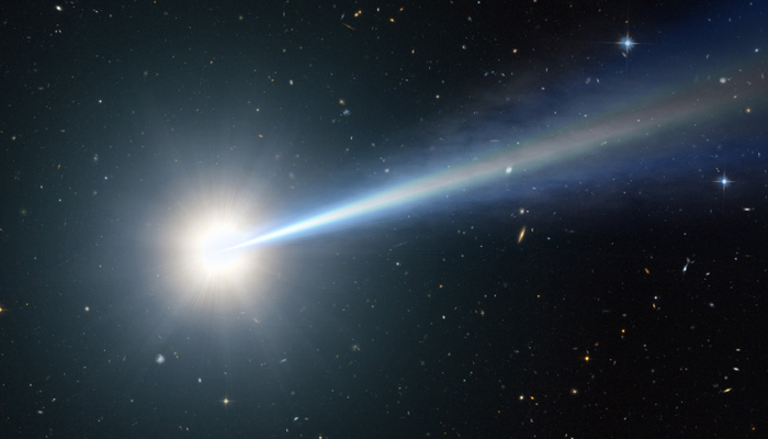 This artists impression of one of the most distant, oldest, brightest quasars ever seen is hidden behind dust. — Nasa