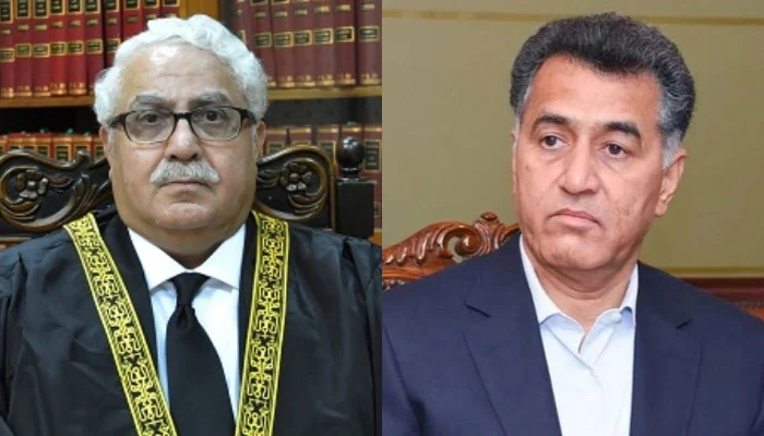 Justice Mazahar Ali Akbar Naqvi (left) and DG ISI Faiz Hamid. — APP/SC website/File