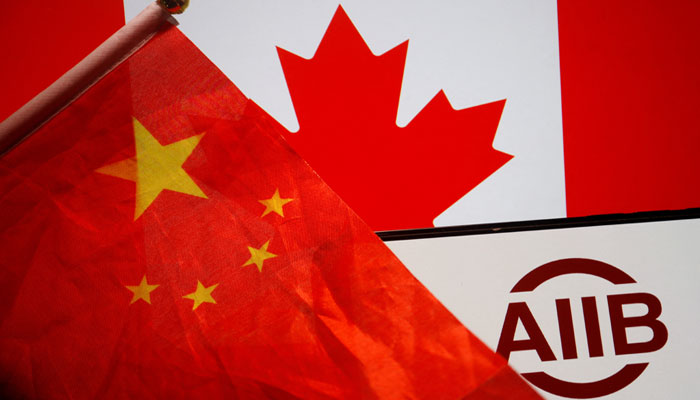 Flags of China and Canada are displayed next to the logo of Asian Infrastructure Investment Bank (AIIB) in this illustration picture taken June 15, 2023. — Reuters