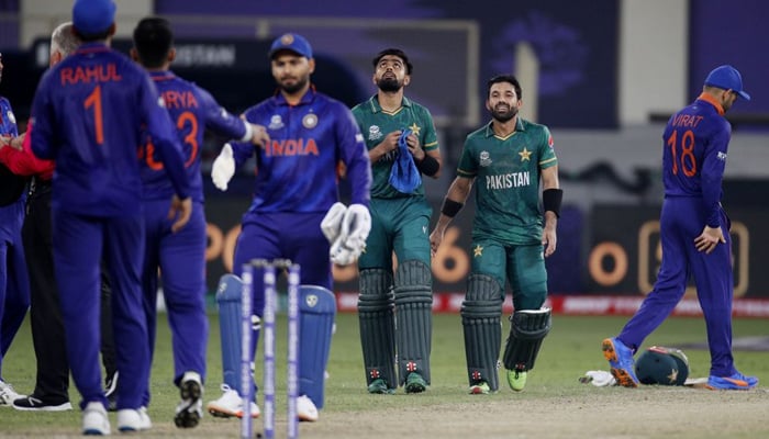 Pakistan skipper Babar Azam and Mohammad Rizwan celebrate their win against India in a World Cup match on October 24, 2021. — Reuters/File