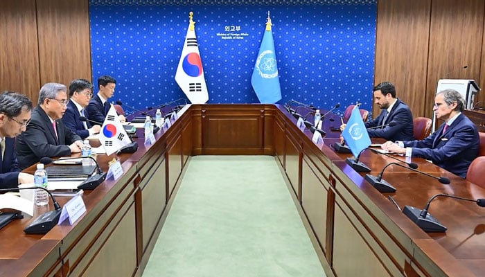 This picture taken on July 8, 2023, shows Rafael Grossi (right), the DG of the IAEA, talking with South Korean Foreign Minister Park Jin (2nd left) during their meeting at the Foreign Ministry in Seoul. — AFP