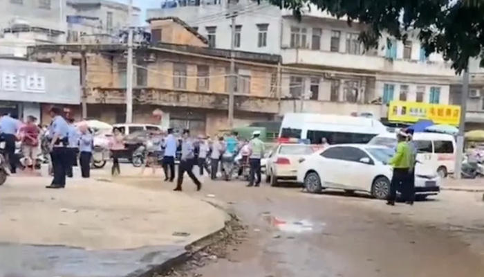 A police cordon is placed in the aftermath of a stabbing attack at a kindergarten in Lianjiang county, Guangdong province on July 10, 2023. — Screengrab/Reuters