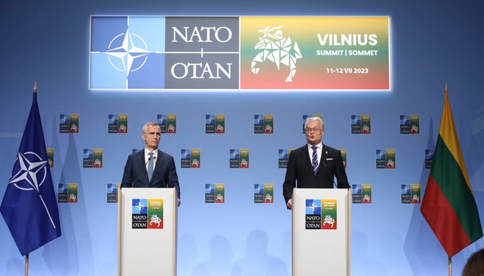 Nato Secretary General Jens Stoltenberg (L) and Lithuanian President Gitanas Nauseda address a joint press conference ahead of a nato Summit in Vilnius, Lithuania, on July 10, 2023. — AFP