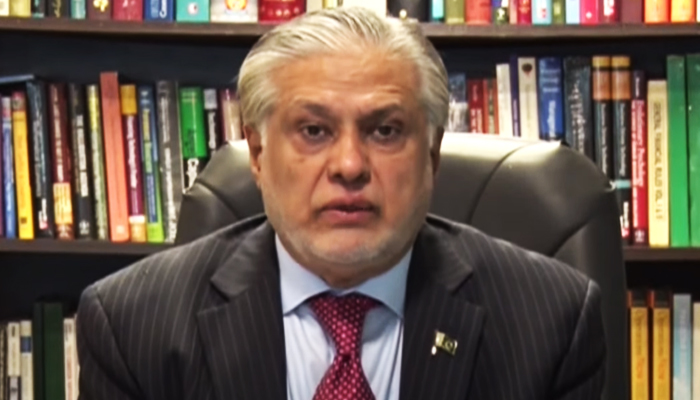 Finance Minister Ishaq Dar speaks during a video address in Islamabad, on July 11, 2023, in this still taken from a video. — YouTube/PTVNewsLive