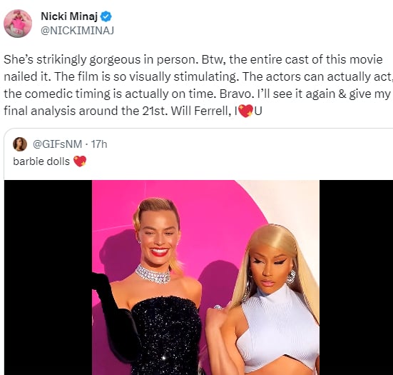 Nicki Minaj shares her thoughts on Greta Gerwig’s movie, Barbie: ‘visually stimulating’