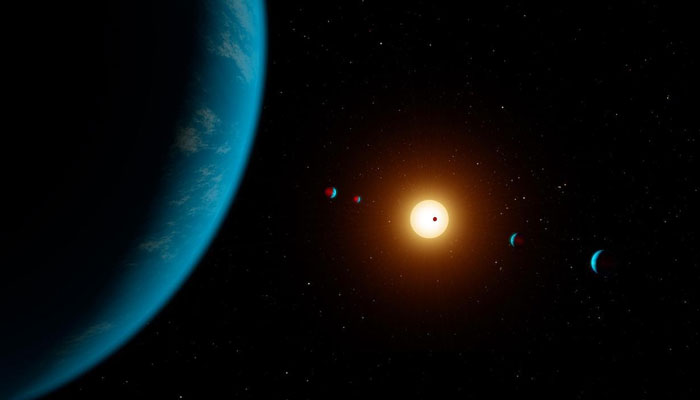 This illustration shows the TRAPPIST-1 planets as they might look as viewed from Earth using a fictional, incredibly powerful telescope. Nasa