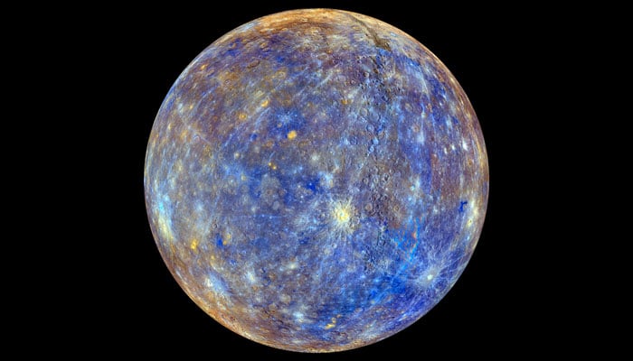 This colorful view of Mercury was produced by using images from the color base map imaging campaign during MESSENGERs primary mission. Nasa