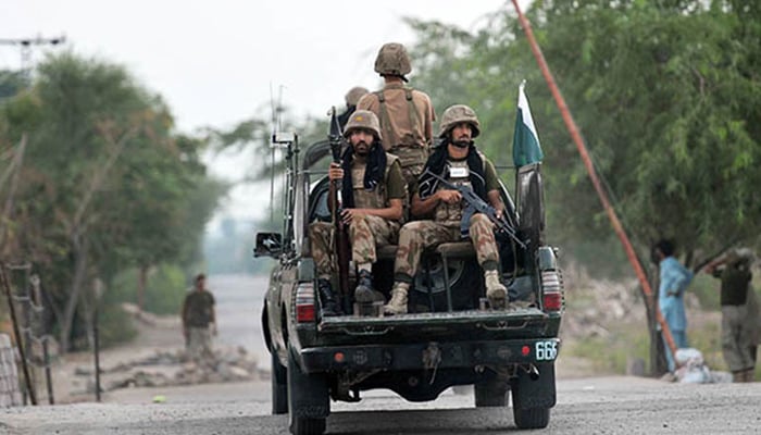 Pakistan Army soldiers patrol in a vehicle in this file photo. — AFP