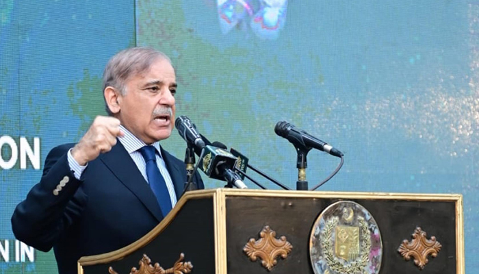 Prime Minister Shehbaz Sharif is addressing Education Endowment Fund launch ceremony in Islamabad on July 12, 2023. — PID