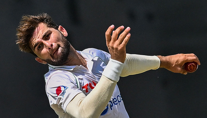 Pakistans Shaheen Shah Afridi delivers a ball during the first day of the two-day tour match between Pakistan and Sri Lanka Cricket Presidents XI at the Mahinda Rajapaksa International Cricket Stadium in Hambantota on July 11, 2023. — AFP