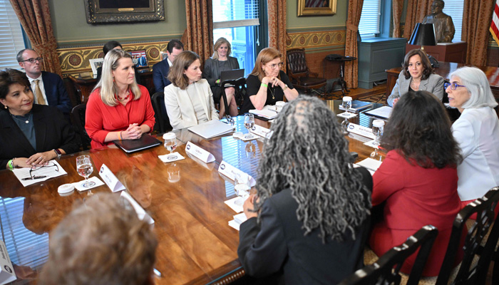 US Vice President Kamala Harris speaks during a meeting with civil rights leaders and consumer protection experts to discuss the societal impact of artificial intelligence, in the Eisenhower Executive Office building in Washington, DC, on July 12, 2023. — AFP