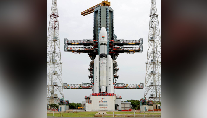 Indian space mission Vehicle Mark-III (LVM3) M4 rocket carrying Chandrayaan-3 lunar lander stands tall at Satish Dhawan Space Centre, in Sriharikota on July 11, 2023. — Twitter/@ISRO