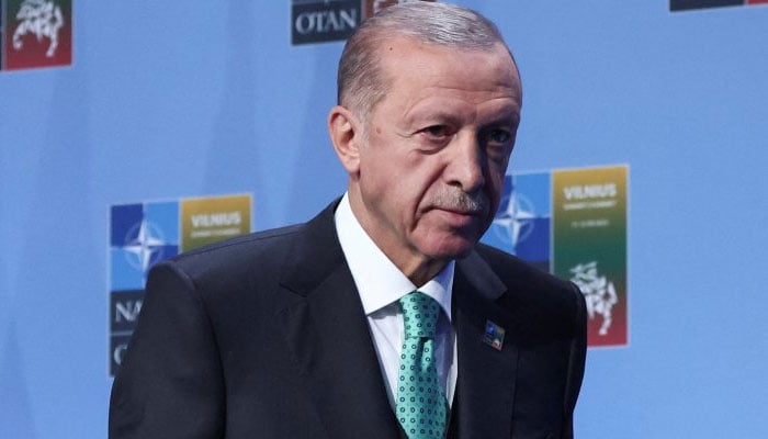 President Recep Tayyip Erdoğan leaves a news conference during a NATO leaders summit in Vilnius, Lithuania, July 12, 2023. Reuters/File