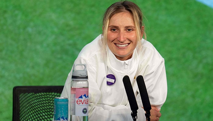 Czech Republic´s Marketa Vondrousova speaks during a press conference in the Media Theatre in the Broadcast Centre after winning the women´s singles final tennis match against Tunisia´s Ons Jabeur on the thirteenth day of the 2023 Wimbledon Championships at The All England Lawn Tennis Club in Wimbledon, southwest London, on July 15, 2023.—AFP